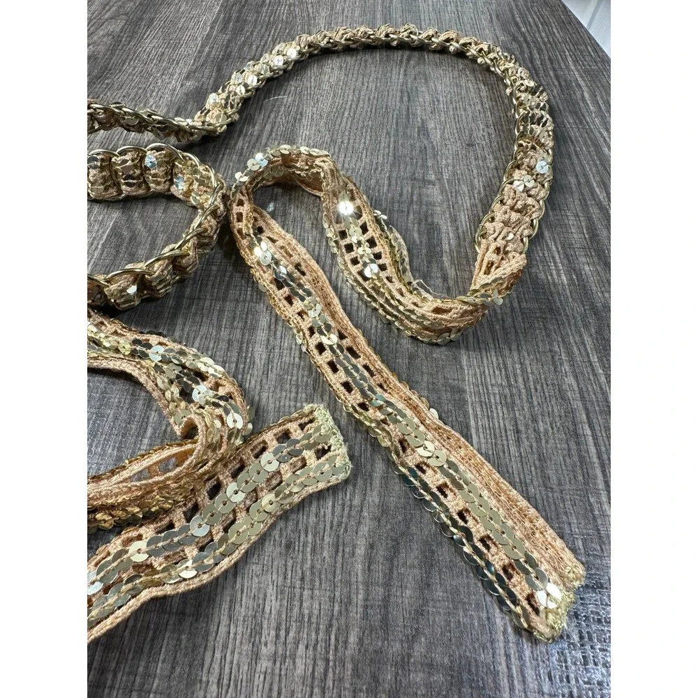 Women's Belt 69in Long Gold Rings Beige and Gold Sequin Fabric Tie Belt